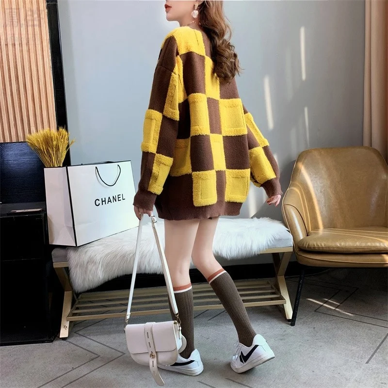 

Winter Autumn Thick Plaid Knitted Sweater Women Short Pullover Loose Casual O-Neck Long Sleeve Knit Tops Female Jumpers Ladies
