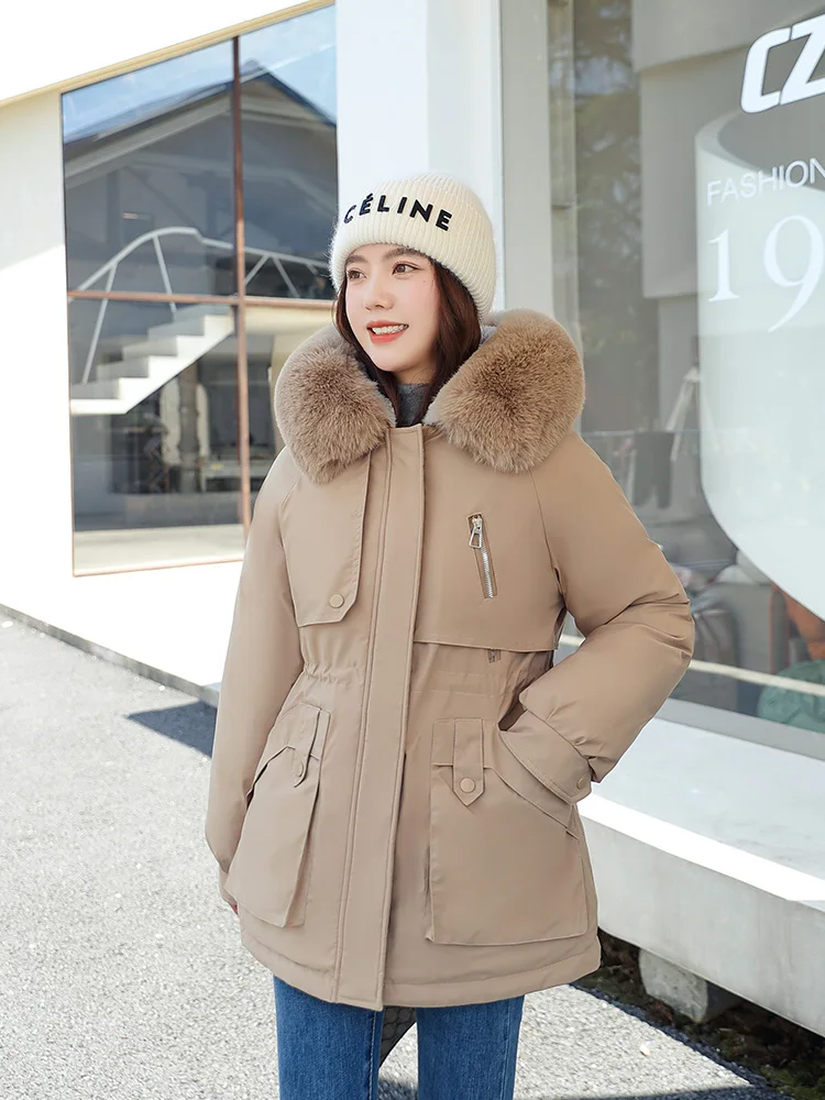 2022 New Winter Big Pocket Jacket Women Parka Fashion Wool Liner Hooded Coat Loose With Fur Collar Warm Snow Wear Padded Clothes