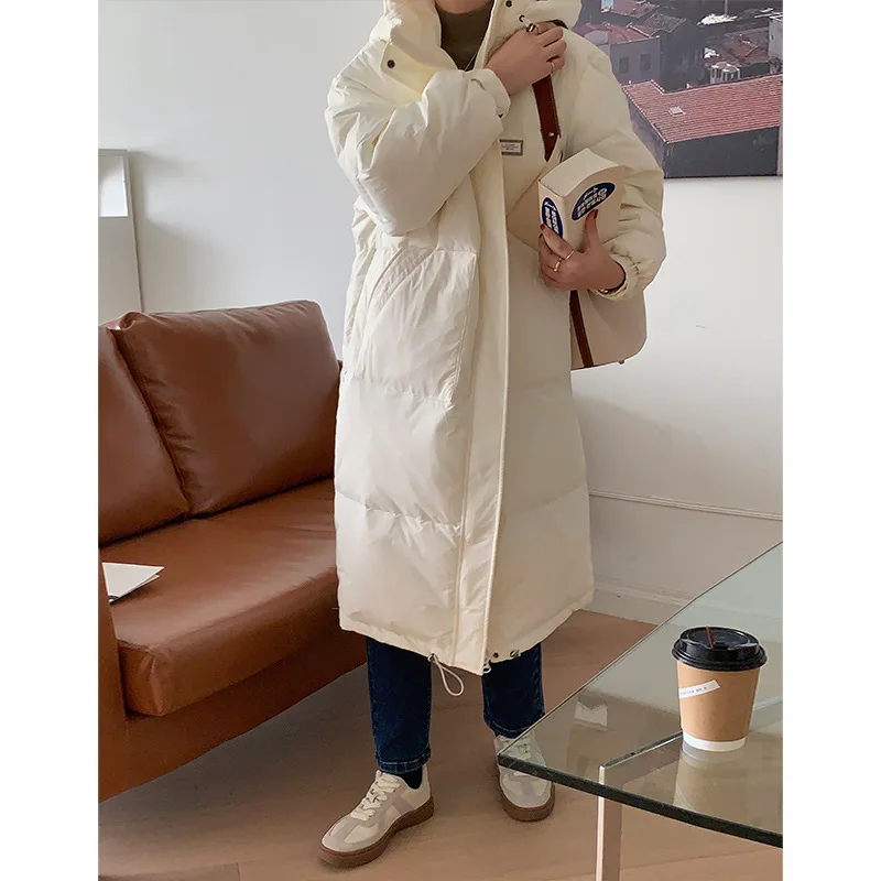 Winter Down Jacket Women's Medium Length Hooded with Cotton Clothing Solid Color Loose Thick Warm Windproof Fashion Down Coat