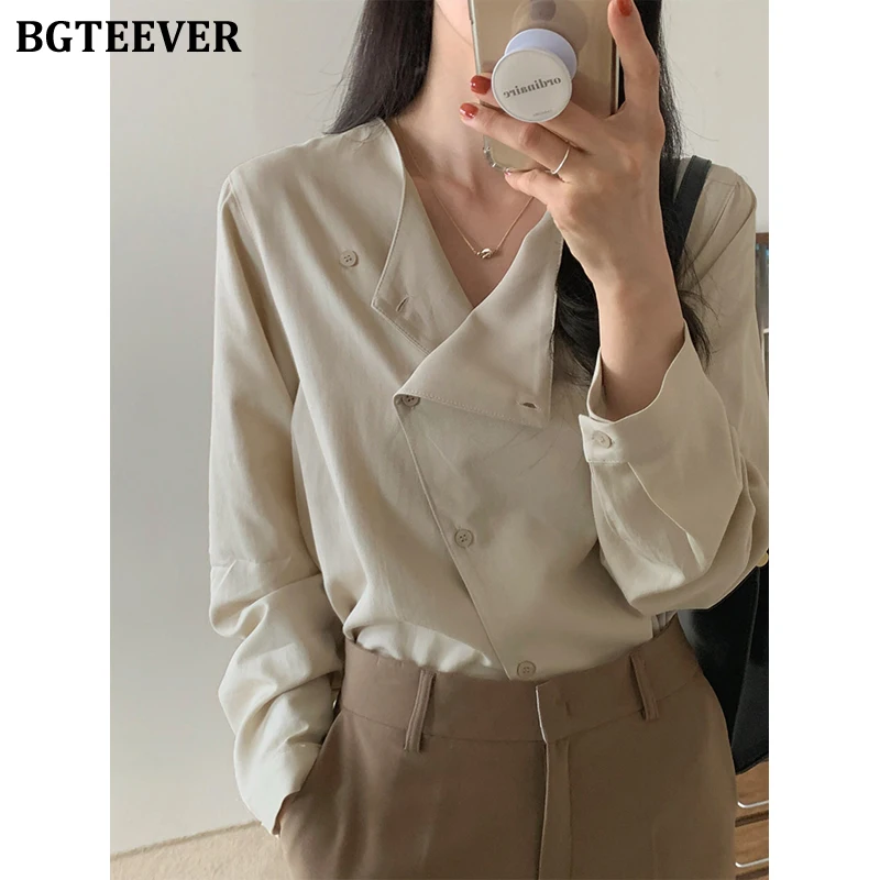 

BGTEEVER Elegant Single-breasted Ladies Shirts Tops 2022 Spring Summer Female Blusas Full Sleeve Loose Casual Women Blouses