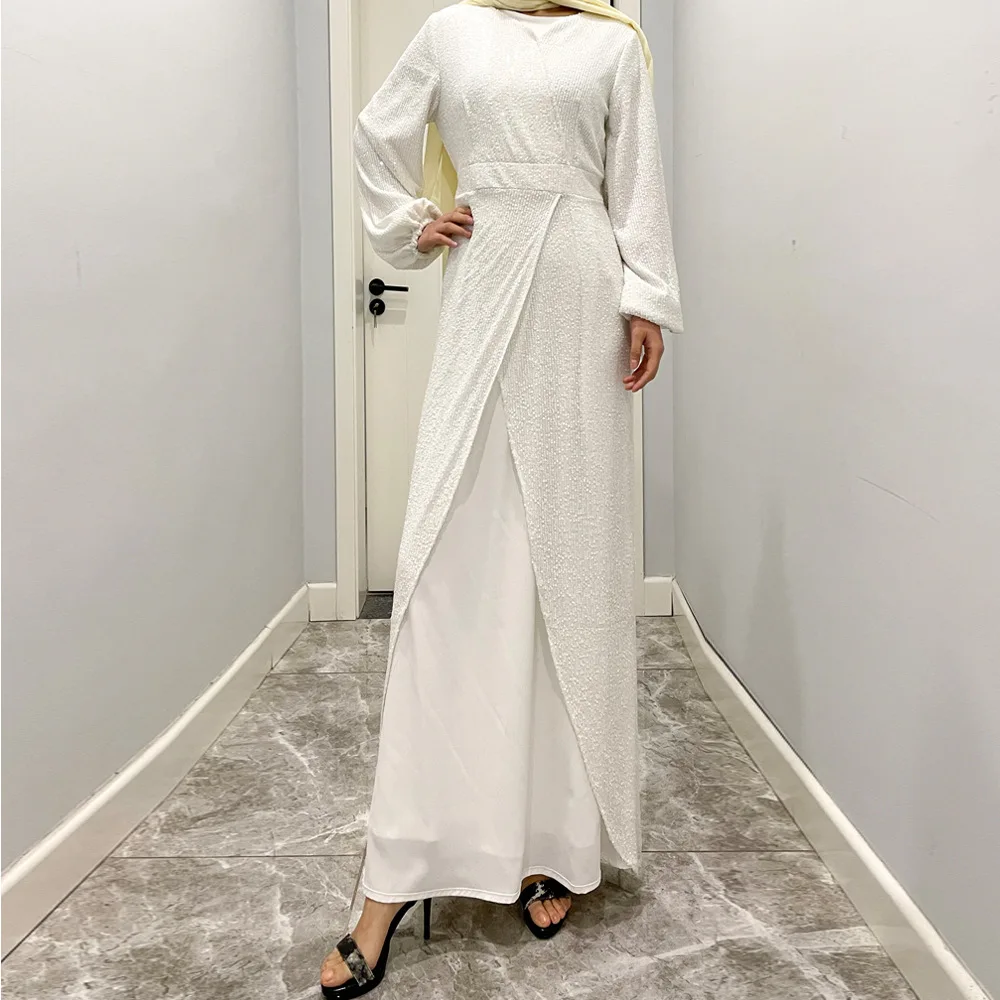 

Muslim Fashion Women Dress Sequined Waist Long Skirt Temperament Female Long-sleeve A-line Abaya Turkey Evening Dresses 2022