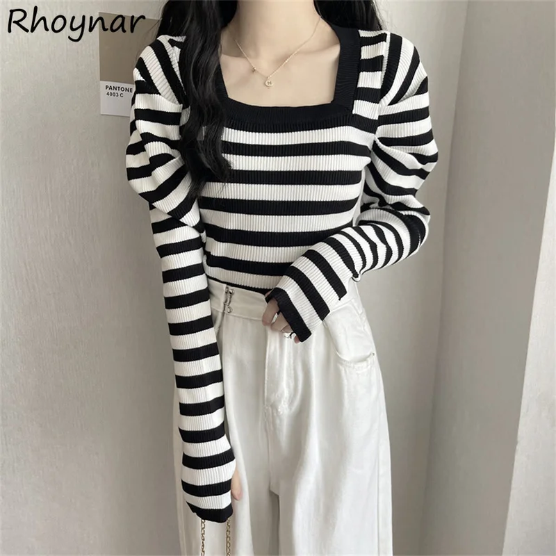 

Puff Sleeve Pullovers Women Square Collar Striped Slim Elegant Sweet Basic Mujer Fall New Sweater Fashion Retro Girlish Young BF