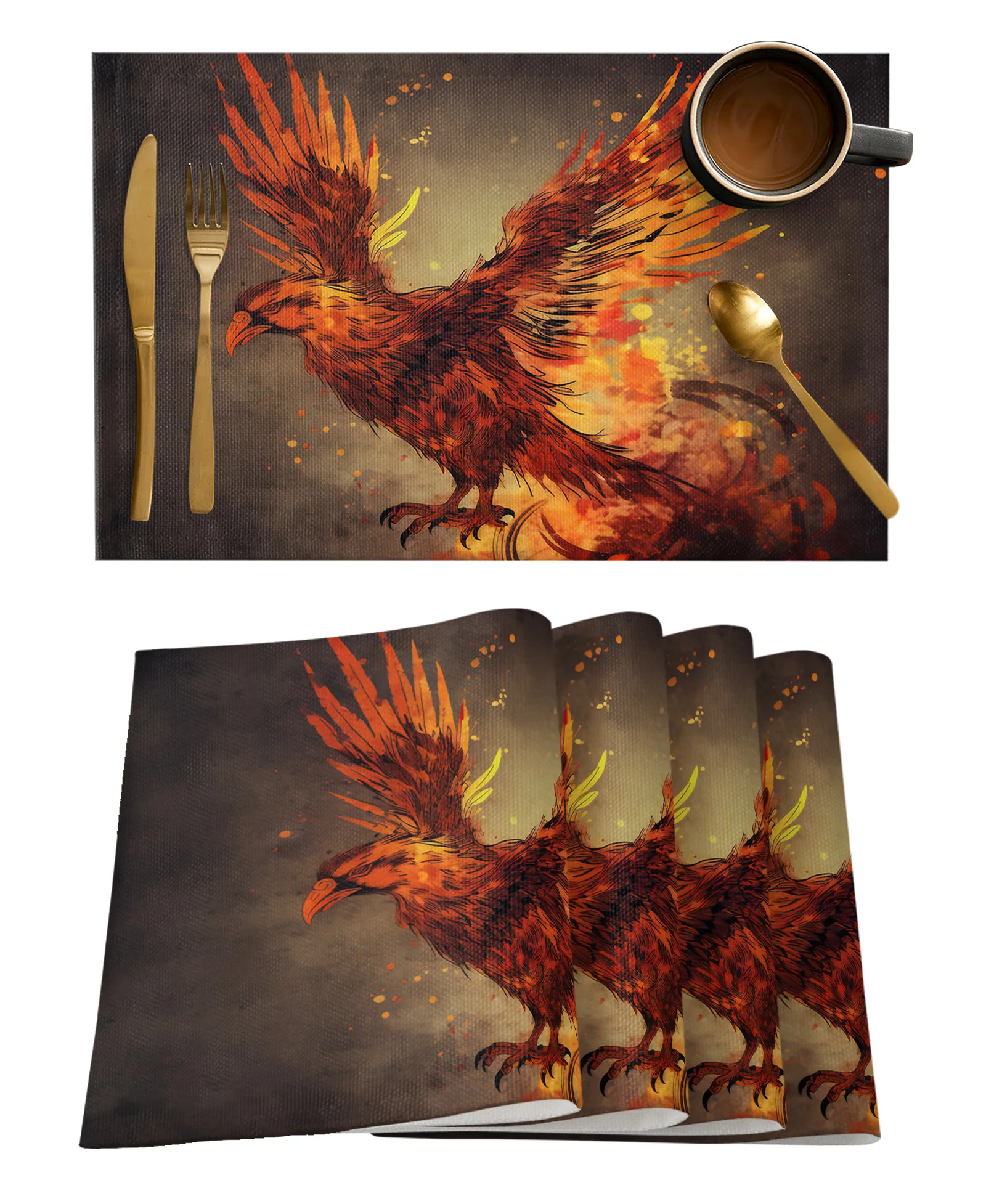 

4/6 Pcs Placemat Bird Flame Feather Kitchen Placemat Home Decoration Dining Table Mats Coffee Coaster Mat