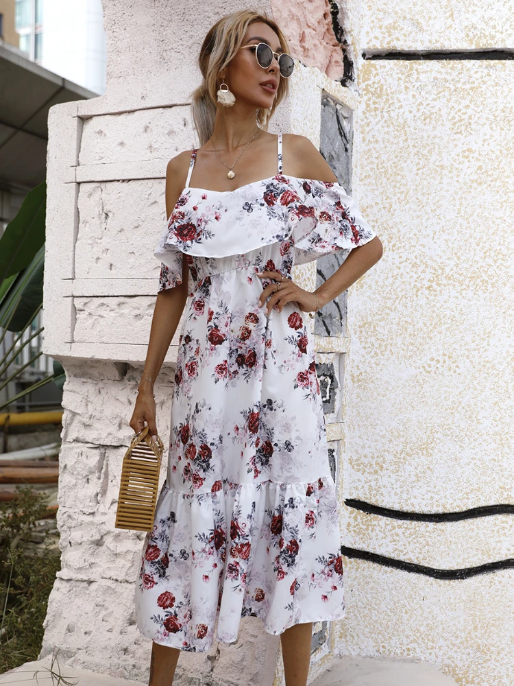

2022 Summer European and American New Style Fresh and Sweet Big Swing Dress Print Strapless Straps Street Style Women's Clothing