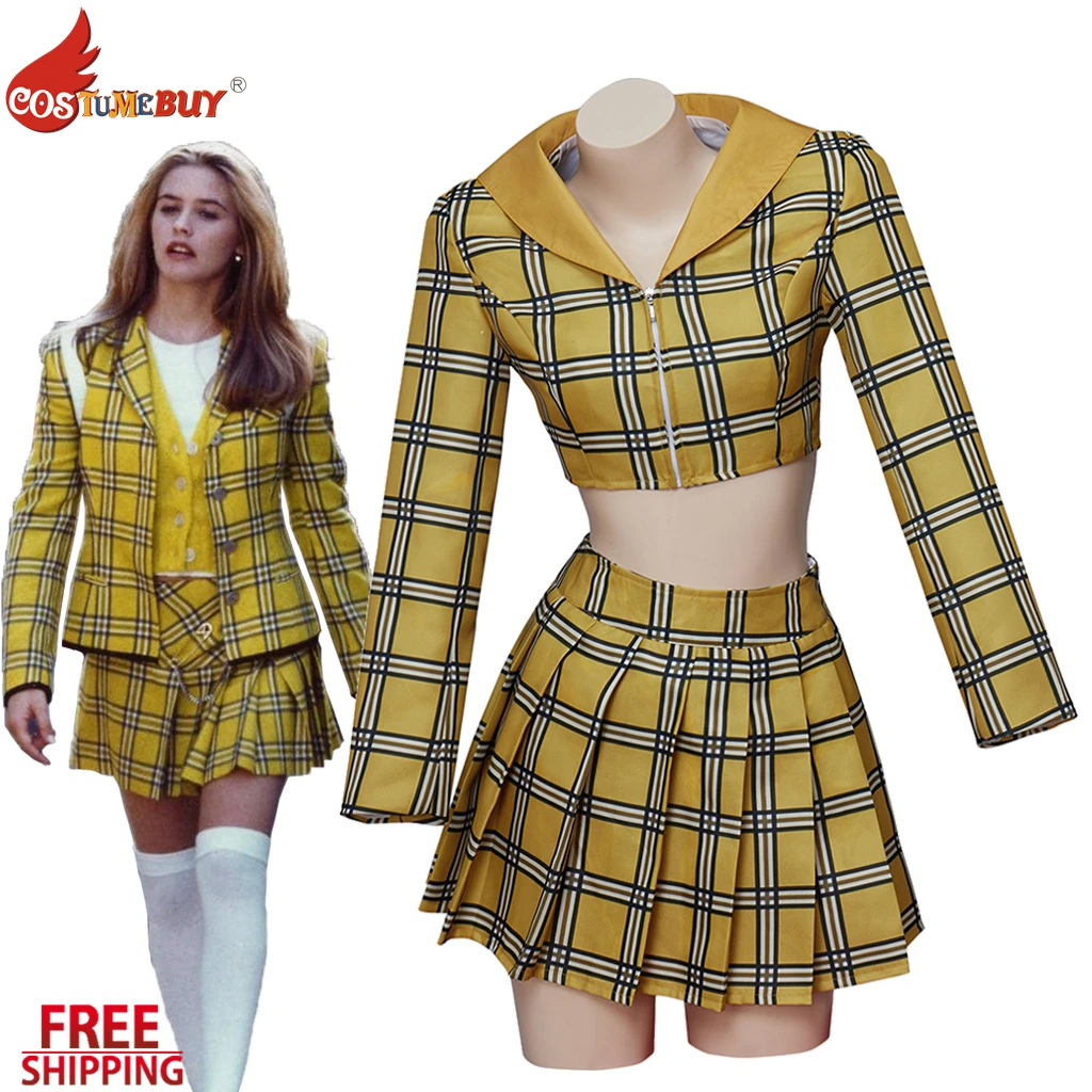 Clueless Film Cher Horowitz Cosplay Costume Alicia Silverstone Role School Uniform Fashion Yellow Plaid Crop Jacket +JK Skirt