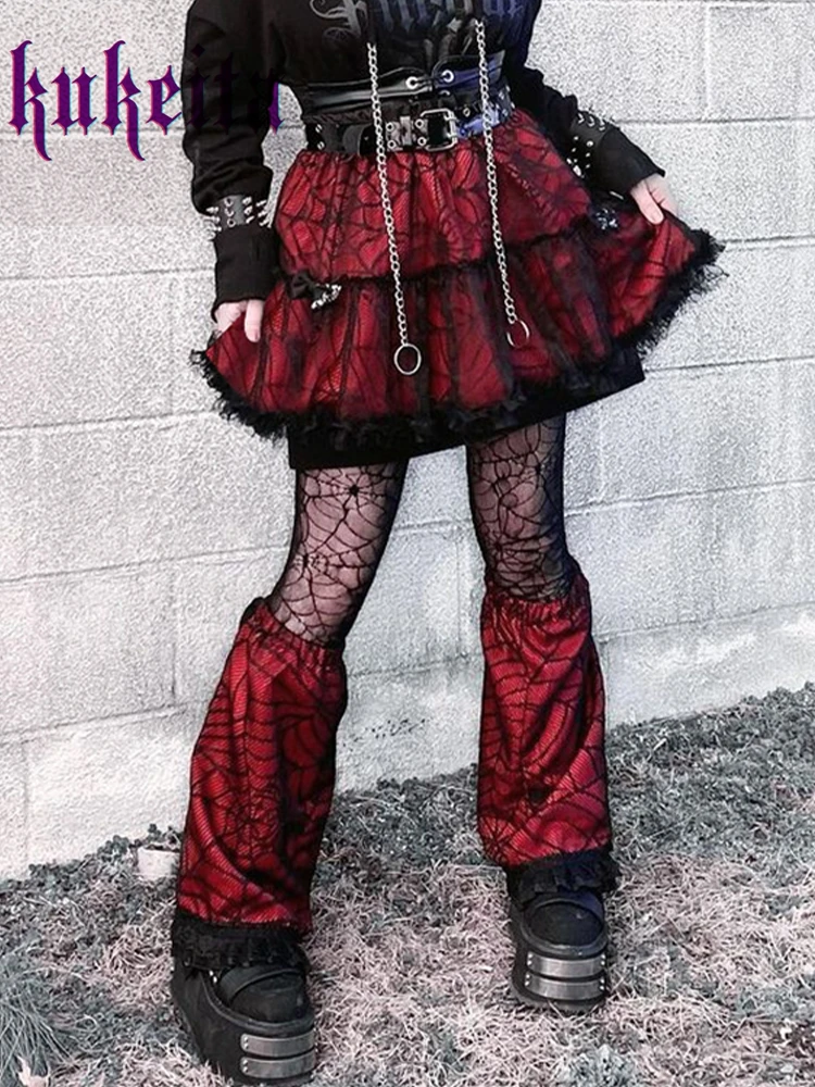 

Gothic Grunge Red Spider Web Lace Mini Skirt With Leg Warmers Women Skirts Punk Streetwear