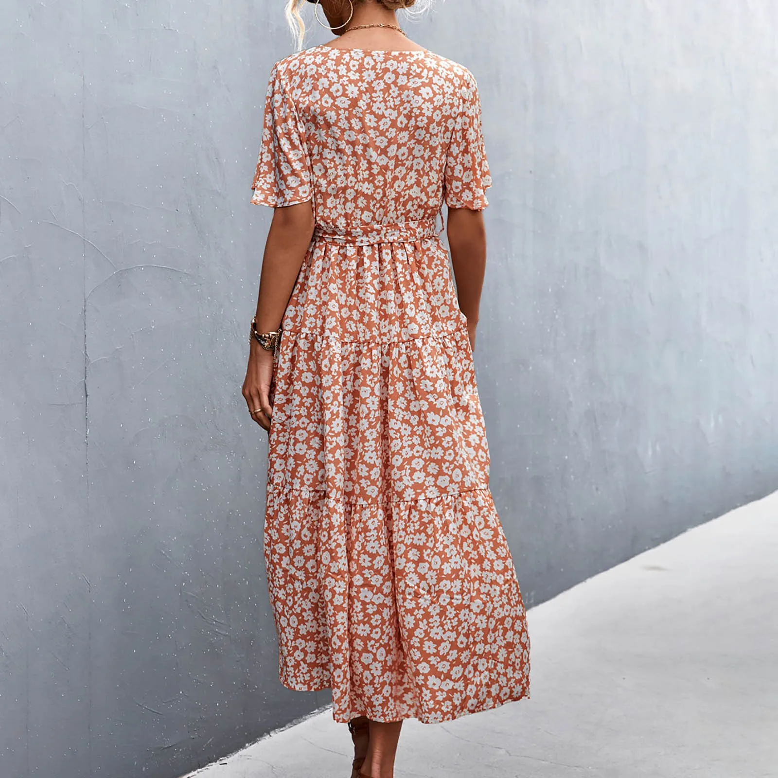 

Women's Summer Casual Dress Beach Floral Print V Neck Short Sleeve Tie Loose Flowy Maxi Dress Dresses for Women Midi Length