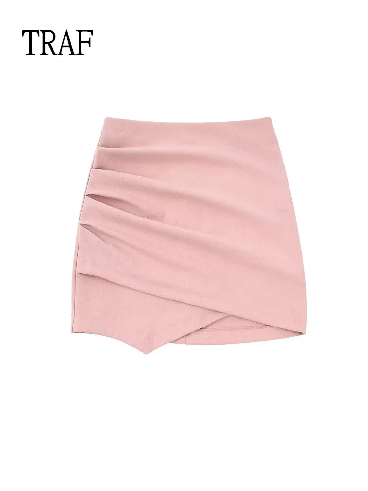 

TRAF Pink Skirt Women 2022 Fashion Pleated Mini Skirts Woman High Waist Irregular Hip Skirt Female Set Streetwear Y2k Clothing