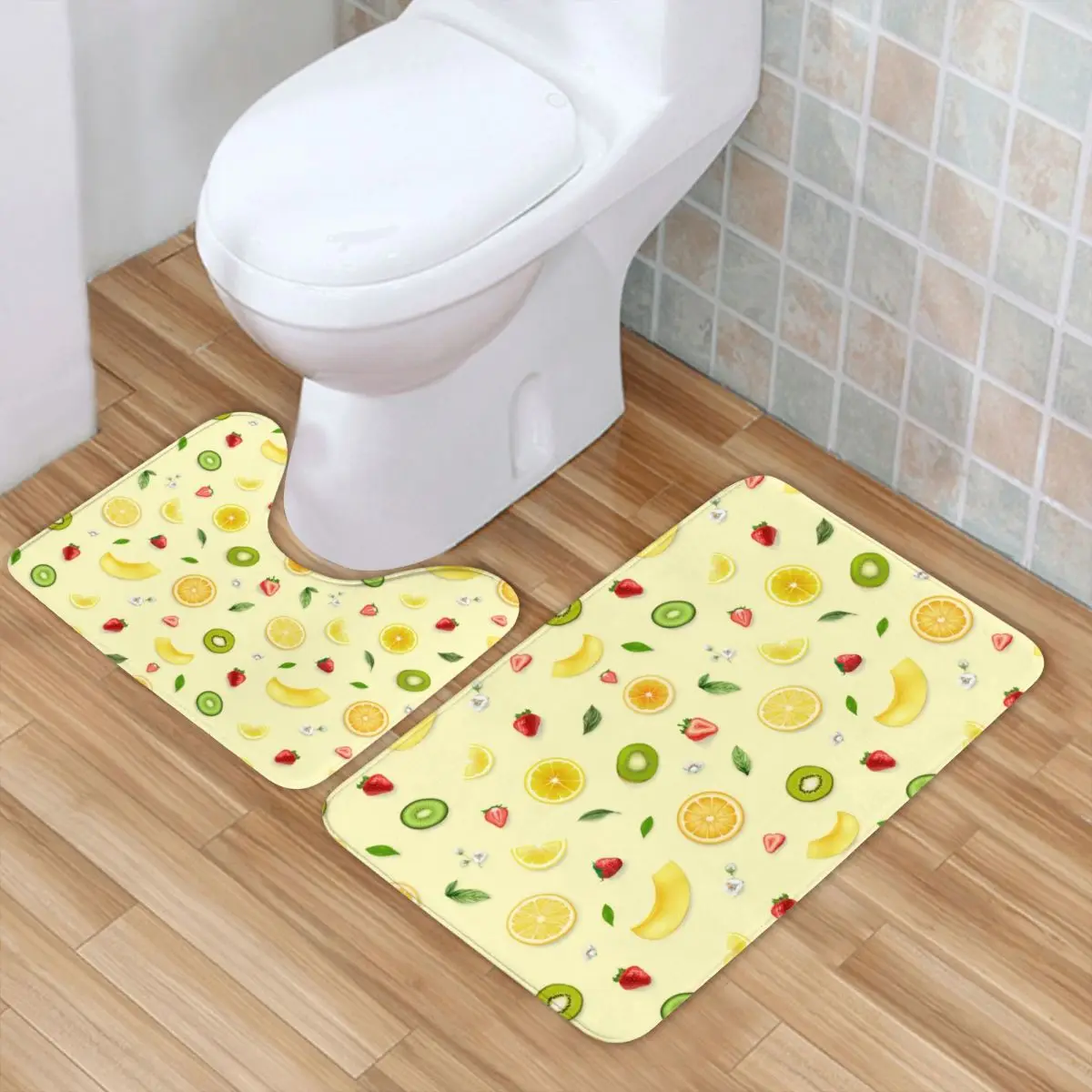 

Lemon Print Bath Mat Mixed Fruits 2pcs Washable Modern Bathroom Mat Set Polyester Toilet Bathroom Rug