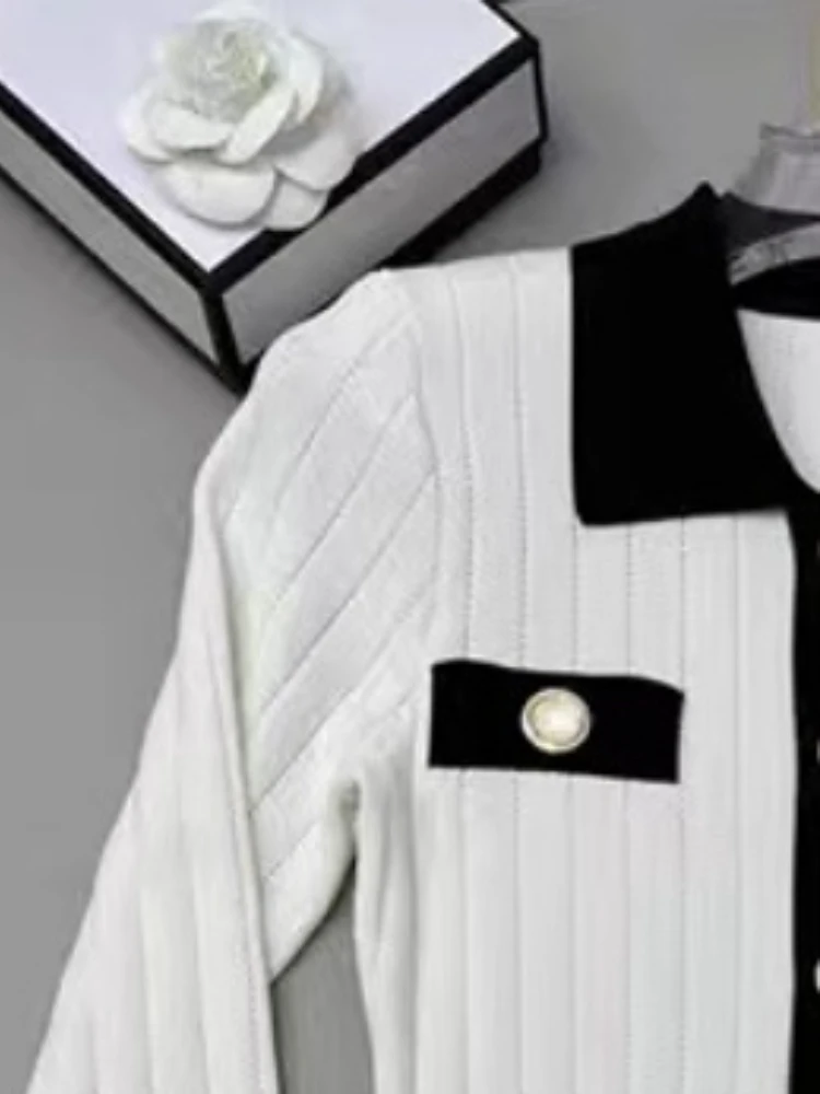 

Women's Casual White Knitted Dress Vintage Long Sleeves Turn-down Collar Buttons Elegant Dresses for Day and Night Party