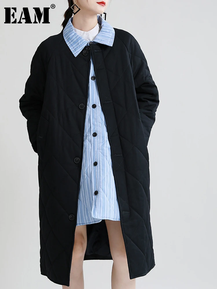 

[EAM] Striped Big Size Cotton-padded Coat Long Sleeve Loose Fit Women Parkas Fashion Tide New Autumn Winter 2021 1DE4306