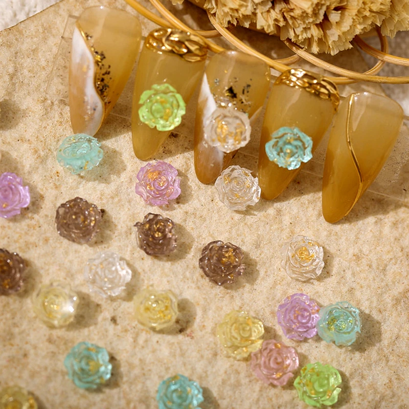 

50PCS 8MM Gilded Clear Rose Flower Nail Art Charms 3D Resin Gold Foil Camellia Manicure Decorations Accessories Nail Supplies