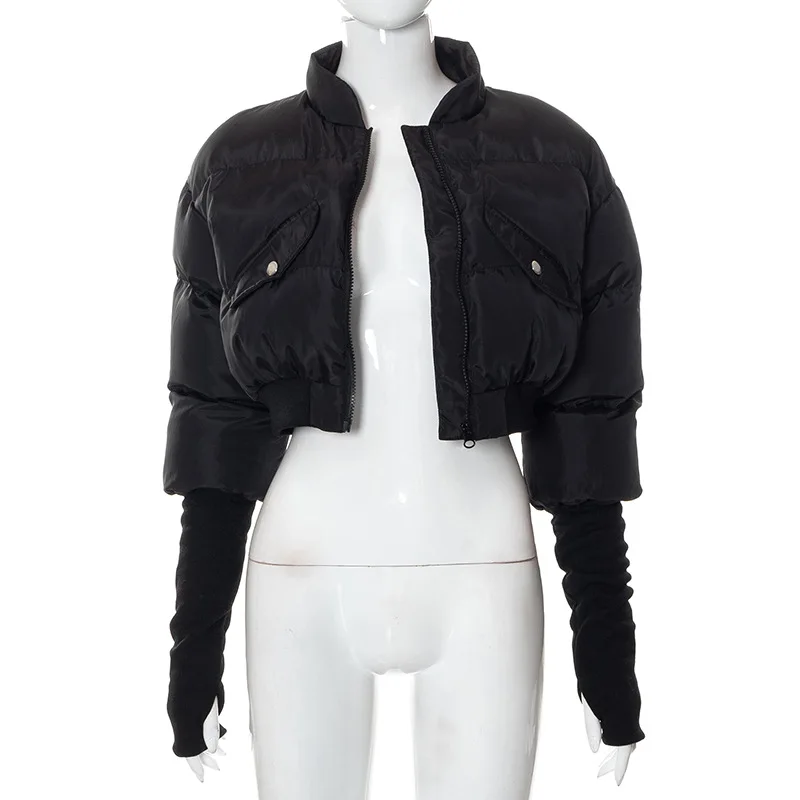 Sunny Winter Black Cropped Zip Solid Color Wth Pocket Paneled Long Sleeves Coat Women Clothes Puffer Jacket Women Parkas 2022