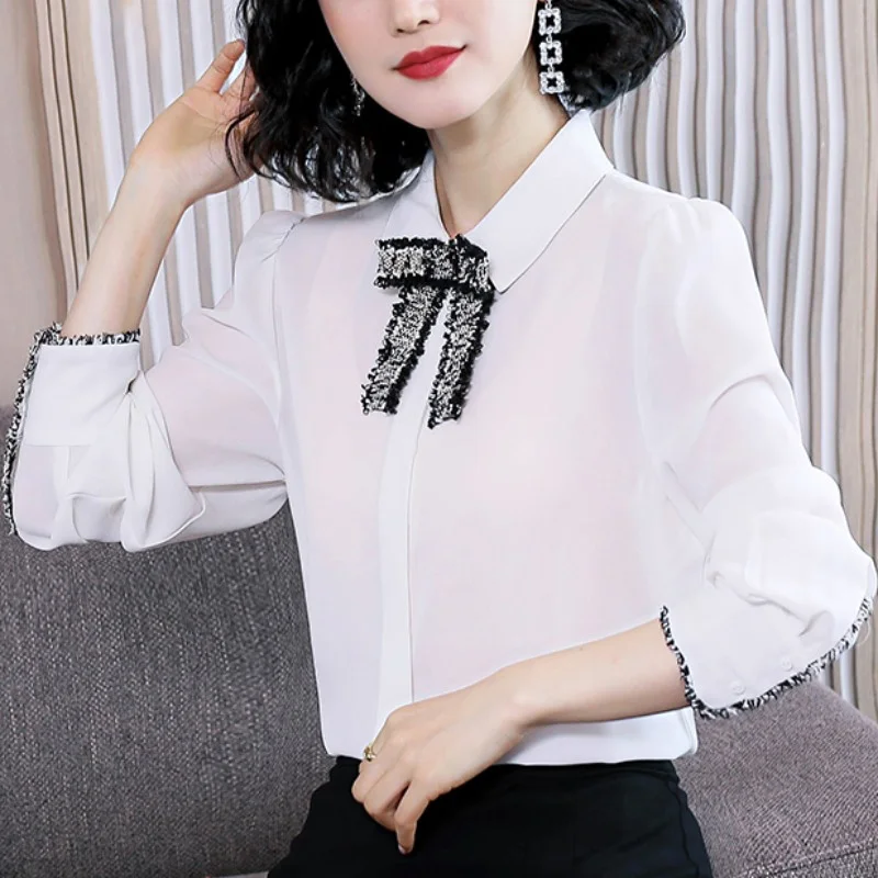 Sweet Solid Color Spliced All-match Bow Shirt Women's Clothing 2023 Spring New Loose Casual Tops Long Sleeve Office Lady Blouse