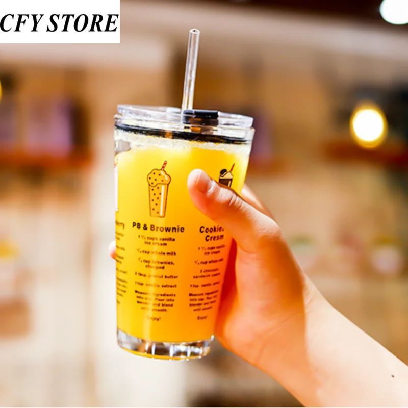 

500ml Glass Coffee Cup with Lid and Straw Simple Portable Juice Mug Cute Office Milk Mug Tea Cup Beverage Utensil Drinkware