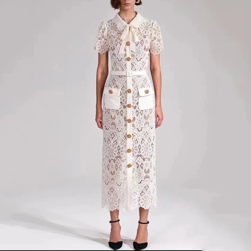 Senior sense of water-soluble lace long skirt temperament elegant single-row diamond buckle belt slim formal dresses 2023 new