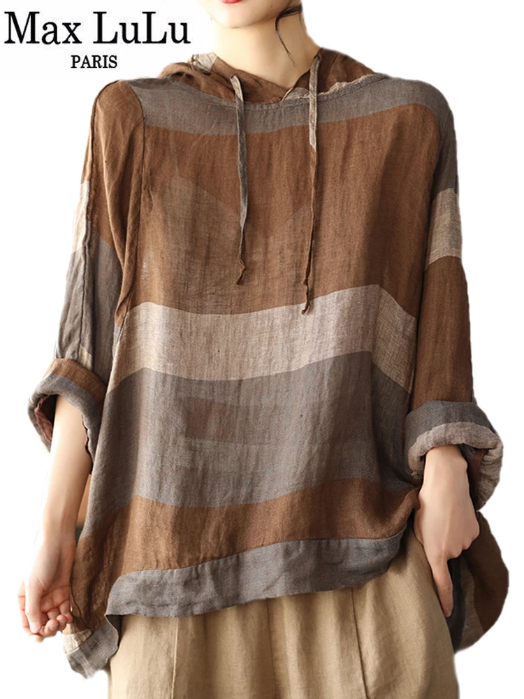 

Max LuLu Spring New 2022 Korean Striped Loose WomenShirts Ladies Hooded Casual Linen Patchwork Blouses Fashion Punk Style Tops