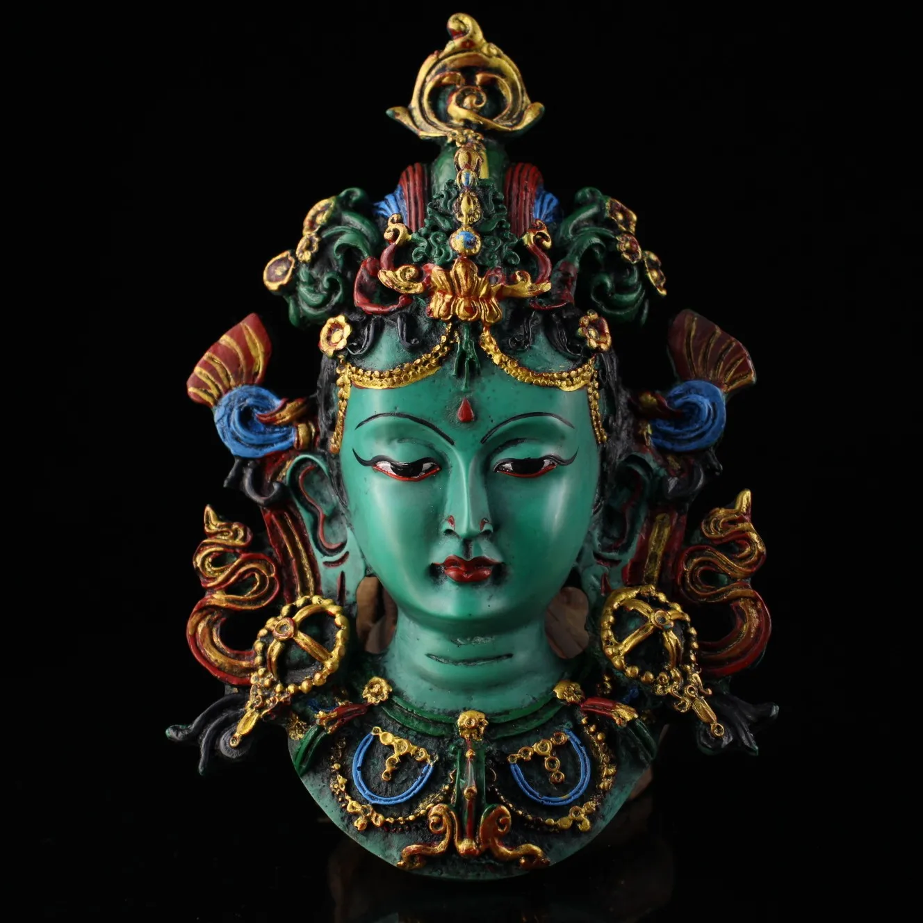 Exquisite antique pure hand-painted lacquerware green Tara head mask pendant