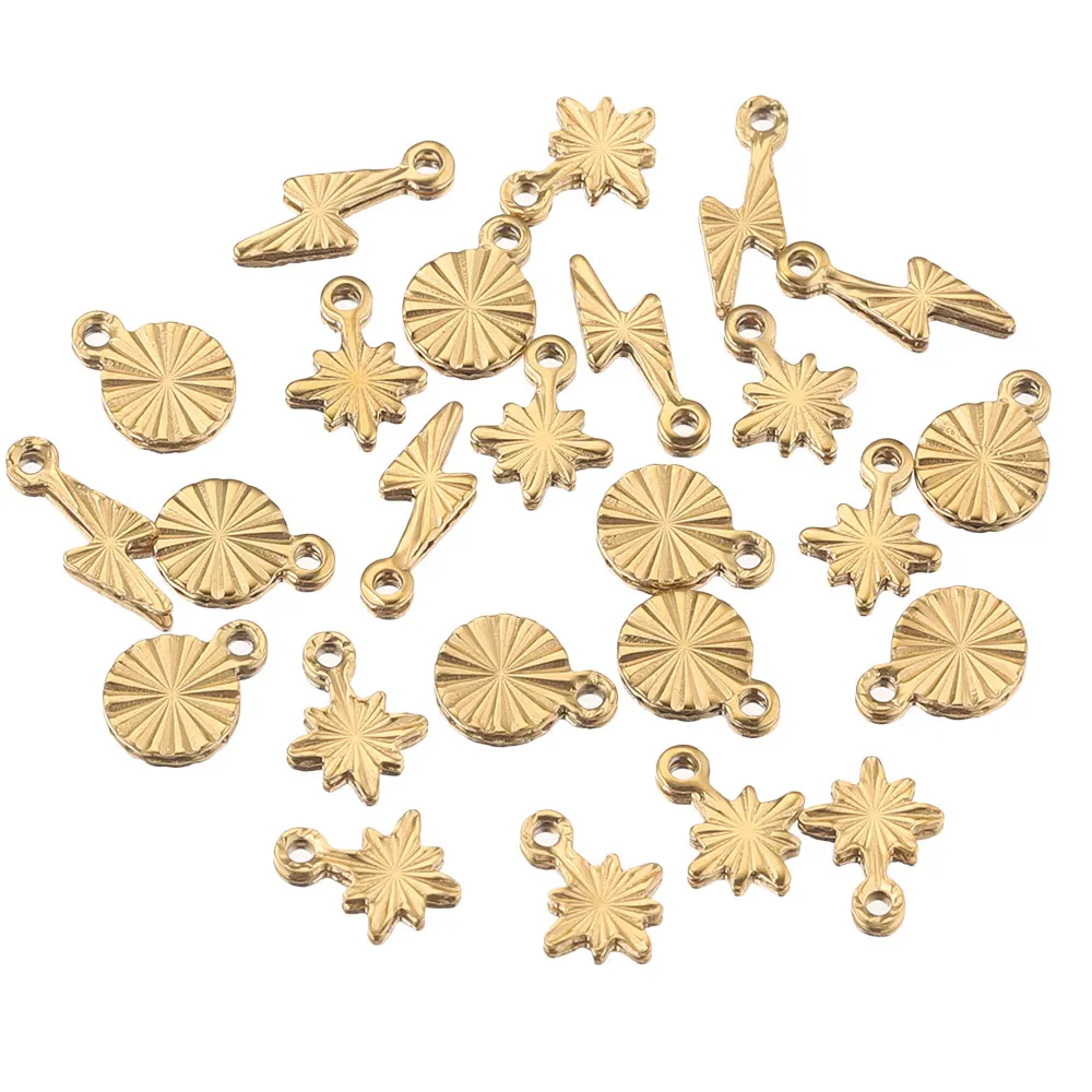 50pcs Stainless Steel Small Snowflake Round Lightning Charms Gold Plated DIY Earrings Jewelry Making Supplies Bulk Wholesale