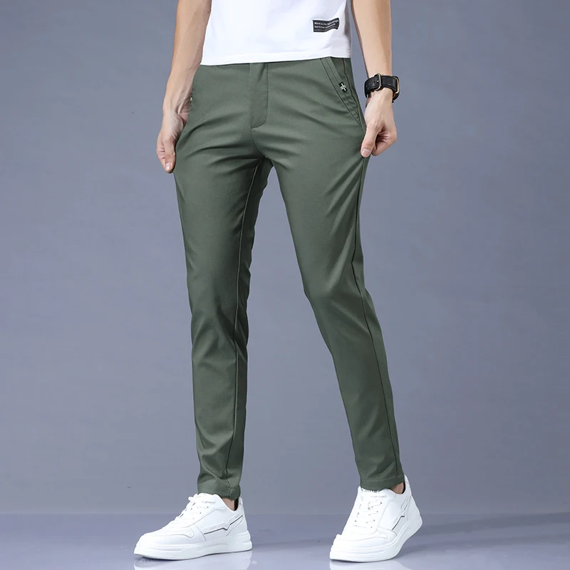 2022 Spring Summer Pants Mens Stretch Korean Casual Slim Fit Elastic Waist Business Classic Trousers Male Black Gray 28-38