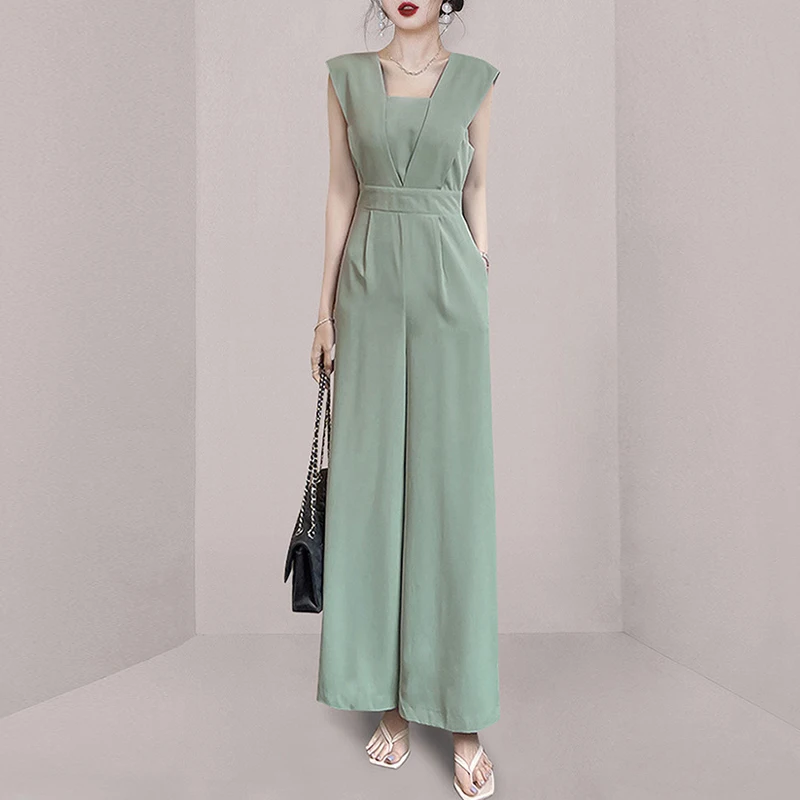 

Комбинезон женский офисный без рукавов, повседневный свободный ромпер с широкими штанинами, с карманами, в Корейском стиле, на лето