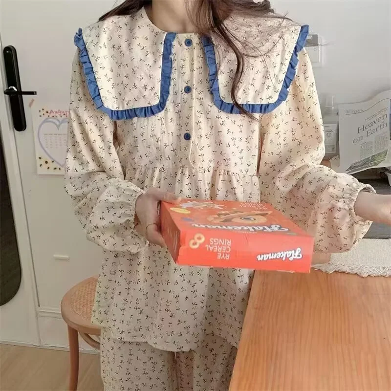 Autumn Pajamas Set Full Sleeve T-shirt Long Pants 2Piece/Set Sweet Pyjama Big Size Princess Homewear Cozy Plus Sleepwear