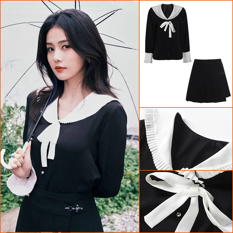 

Miu 2021 Autumn Winter New College Style Fine Pleated Stitched Black Long Sleeve Shirt Top Loose Lapel Shirt Women Set