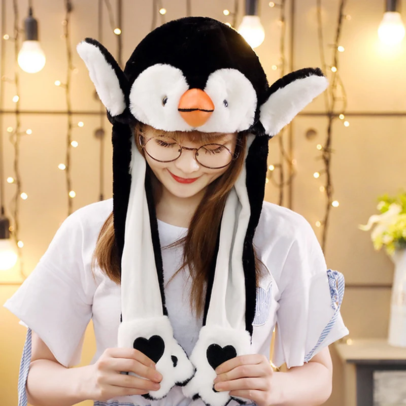 Penguin Ear Move Hat Novelty Animal Plush Toys Hat Ears Jumiping up Hat Cosplay Parties Cartoon Hats for kids   Ear Cap