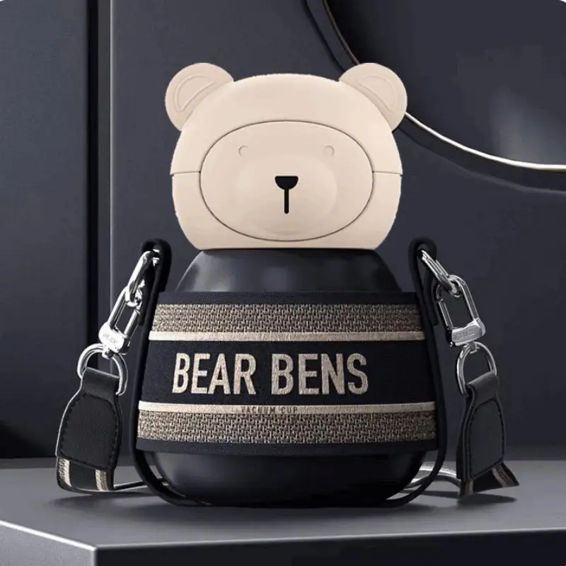

850ML316 stainless steel bear insulated straw cup with cup cover, strap, large belly cup, home and outdoor, large capacity