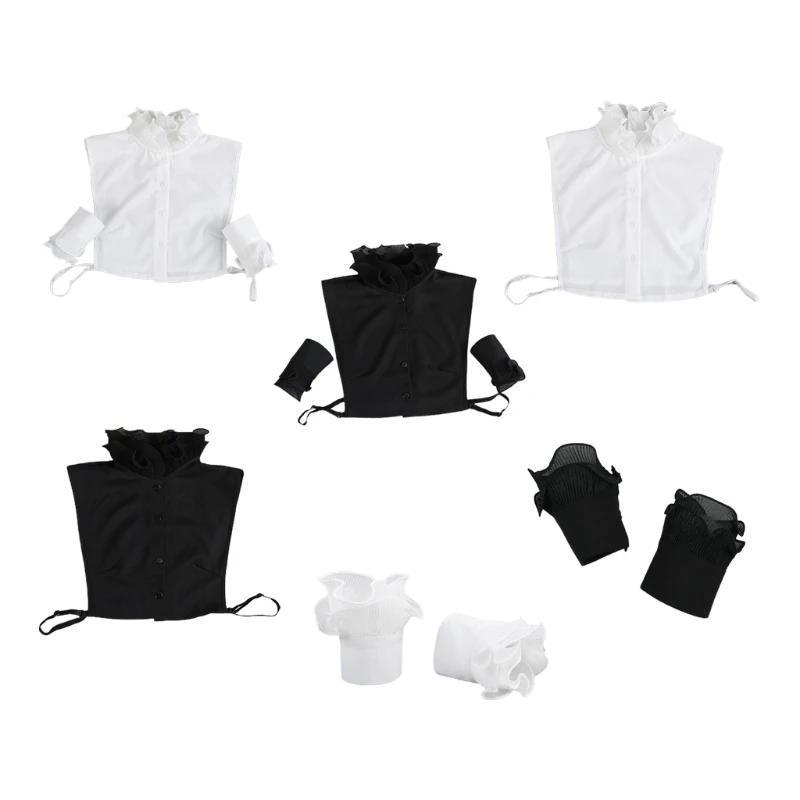 

652F Princess Fake Collar with False Sleeves Layered Ruffled Half Shirt Wrist Cuffs