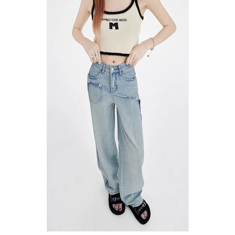 Jeans Women 2023 Summer Baby blue Pants High Street New High Waist Loose Straight Floor Pants Versatile Show Tall and Slim