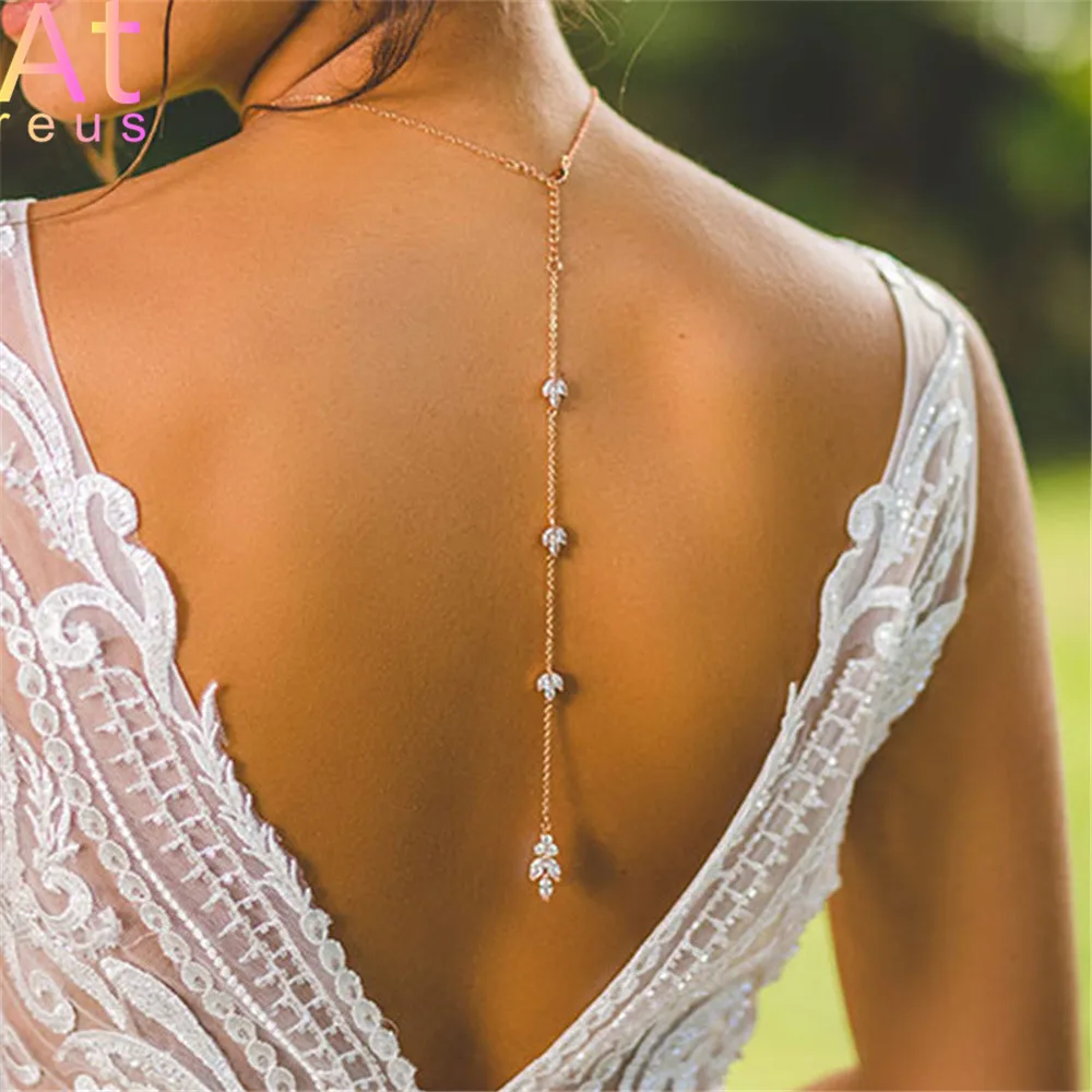 Luxury Lotus Flower Cubic Zircon Crystal Bridal Back Chain Necklace Long Drop Women Summer Maple CZ Wedding Lady Body Chain