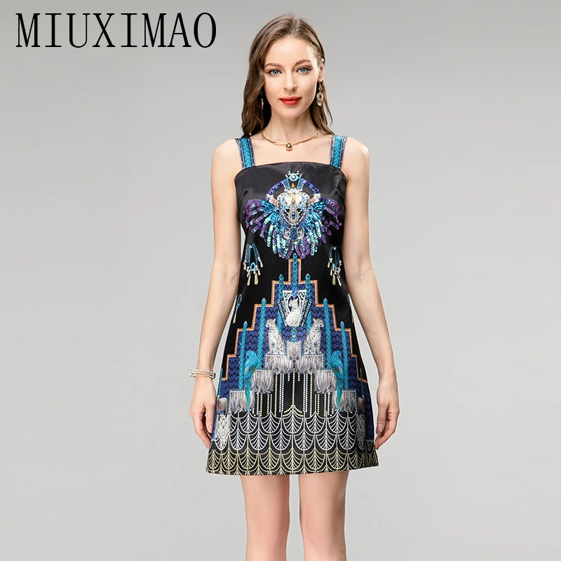 MIUXIMAO 2023 High Quality Spring&Summer Elegant Dress Sleeveless Slip Diamond Print Fashion Mini Dress Women Vestides