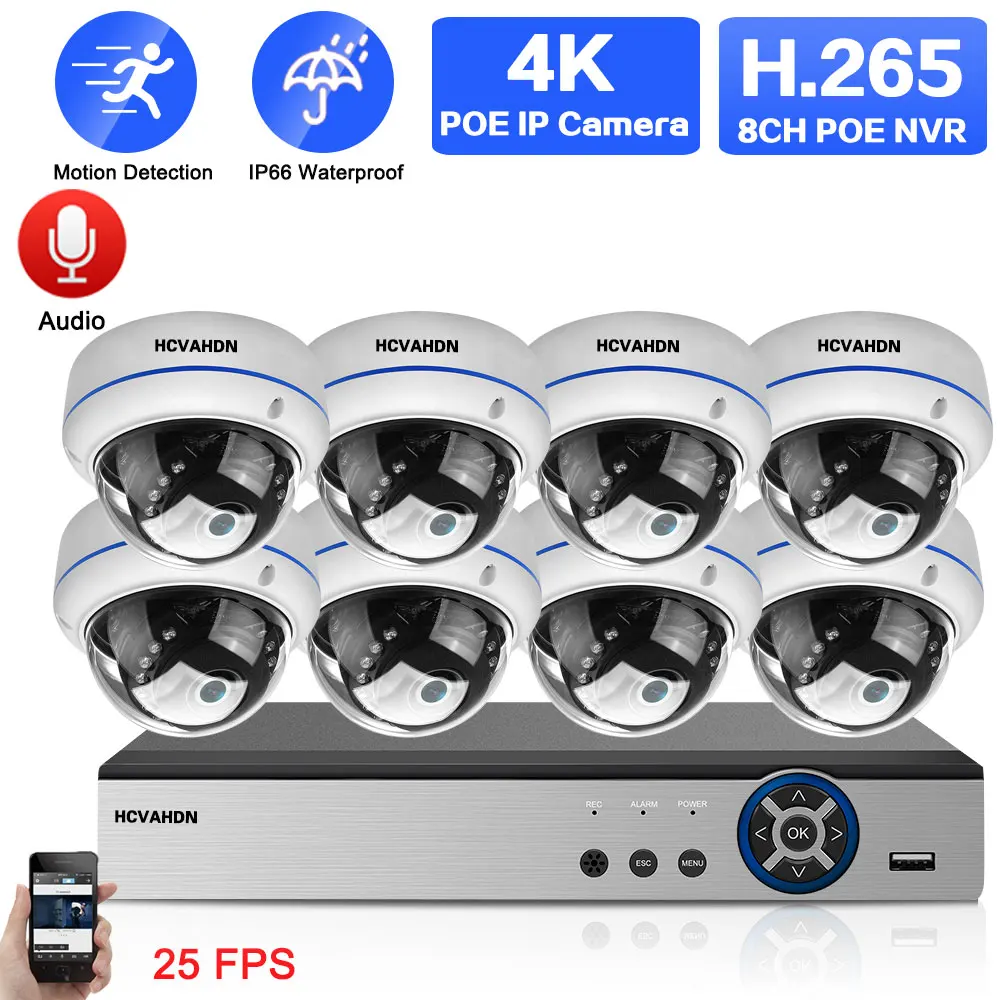 

Купольная система видеонаблюдения H.265, комплект уличных инфракрасных IP-камер с функцией ночного видения, 4K 8 каналов, NVR, CCTV