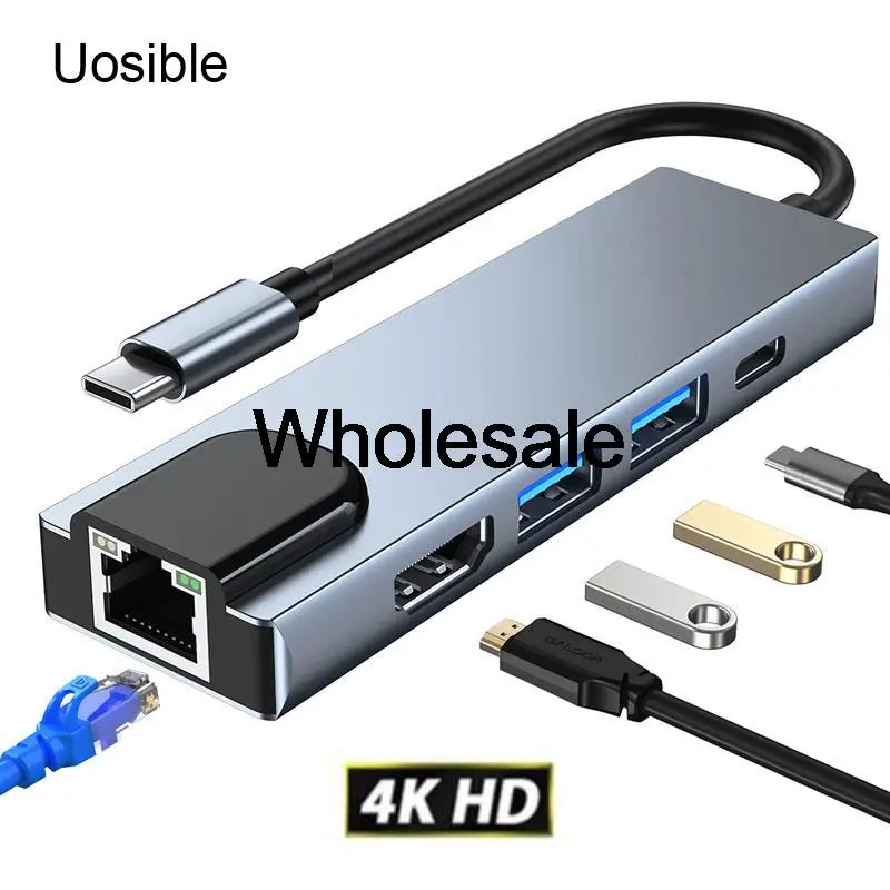 

Wholesale 10 Pieces/lot USB Type C HUB to HDMI-compatible 4K Rj45 USB-C Docking Station Splitter HUB 3.0 PD Adapter for MacBook