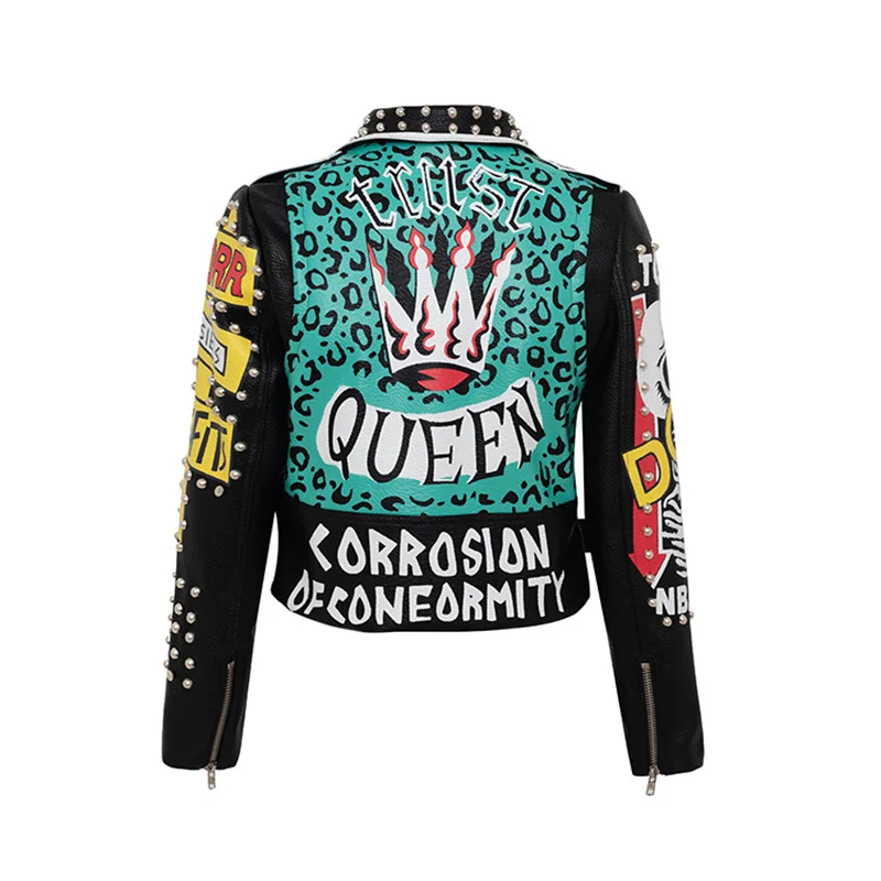 Women'S Autumn And Winter Punk Graffiti Printed Jacket Color Contrast Badge Motorcycle Leather Coat Slim Short Fashion Personali enlarge