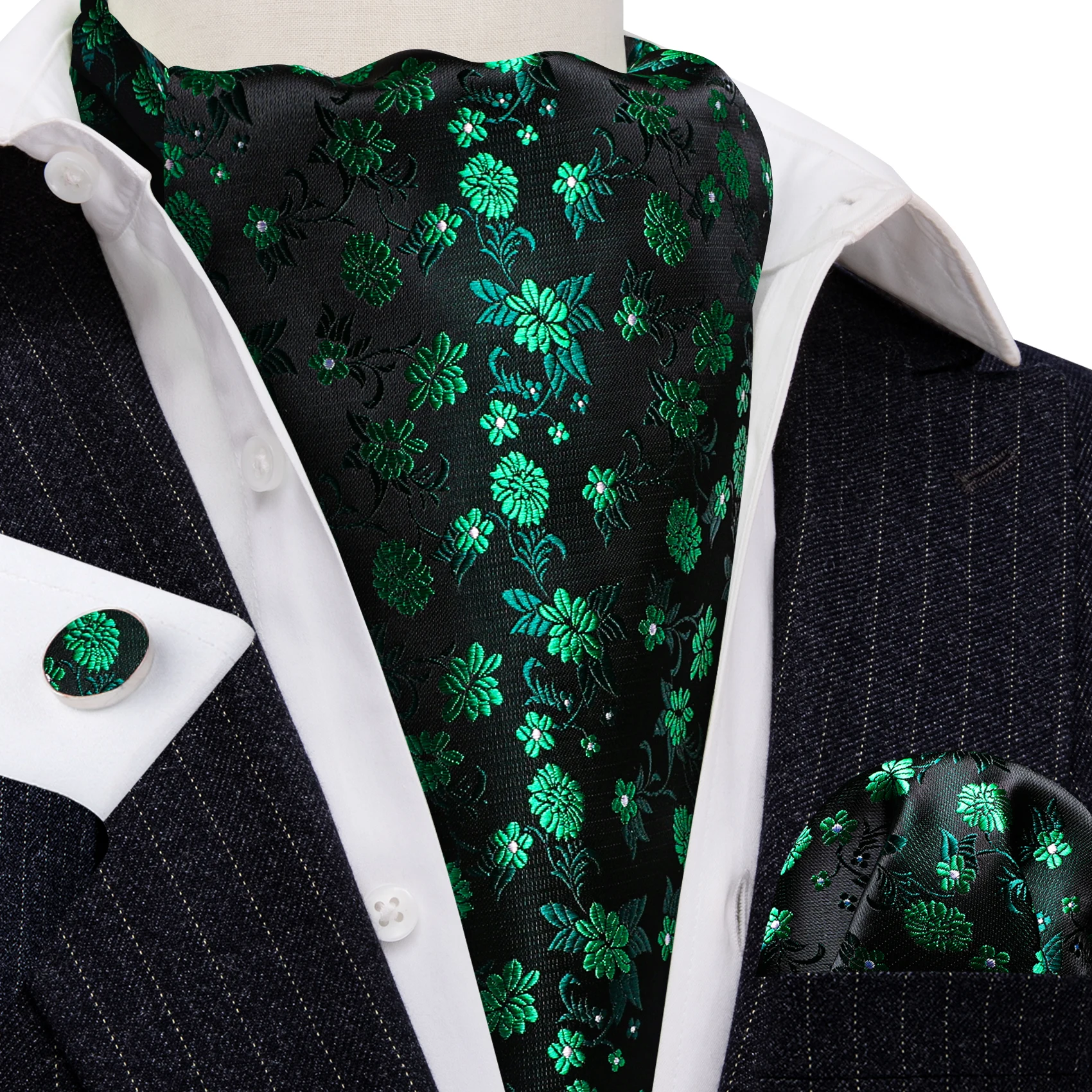 

Exquisite Cravat Ties For Men Luxury Brand Silk Green Floral Jacquard Ascoat Set Formal Wedding Gift Designer Barry.Wang SA-0103