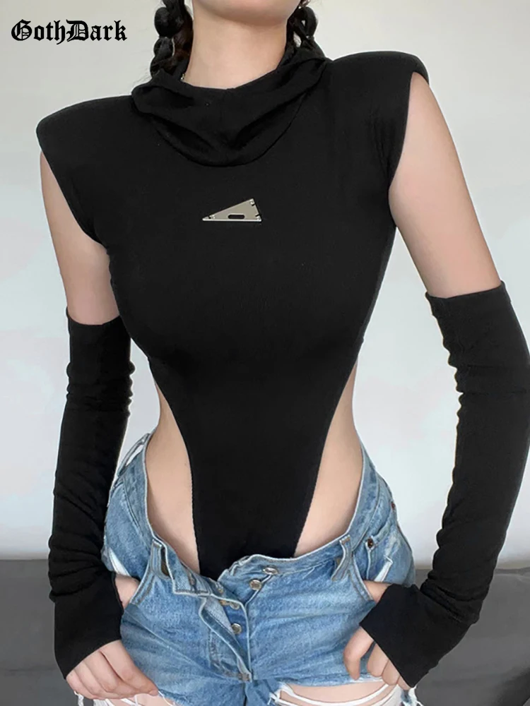 

Goth Dark Techwear Y2k Punk Hooded Black Bodysuits Cyber Gothic Hollow Out Bodycon Tops With Gloves Turtleneck Women Streetwear