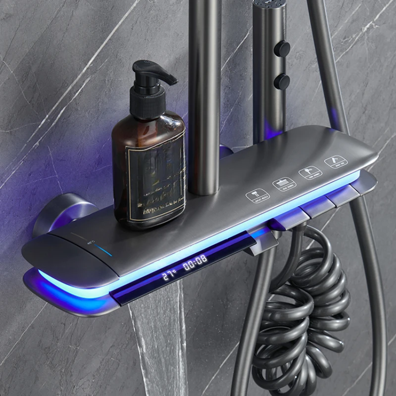 

2023 New Design Copper Exposed Shower Mixer LED Bathroom Thermostatic Shower Valve piano key shower digital