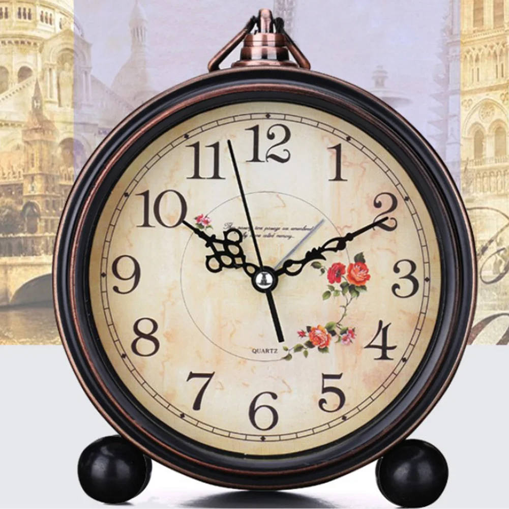 European Style Office Roman Numerals Alarm Clock Decorative Modern Desktop For Home Round Quartz Retro Flower Print Vintage |