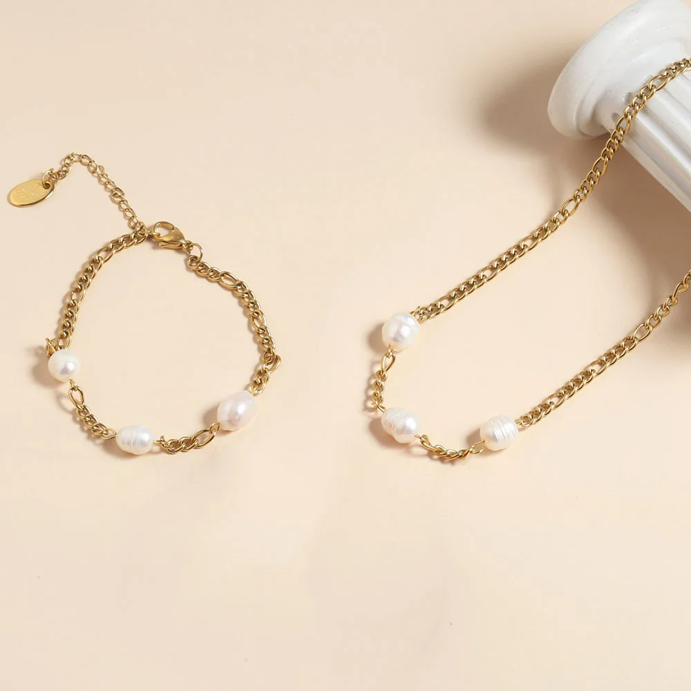 

Freshwater Pearl Necklace Charm Bracelet Stainless 18K Gold Plated Jewelry Set For Woman