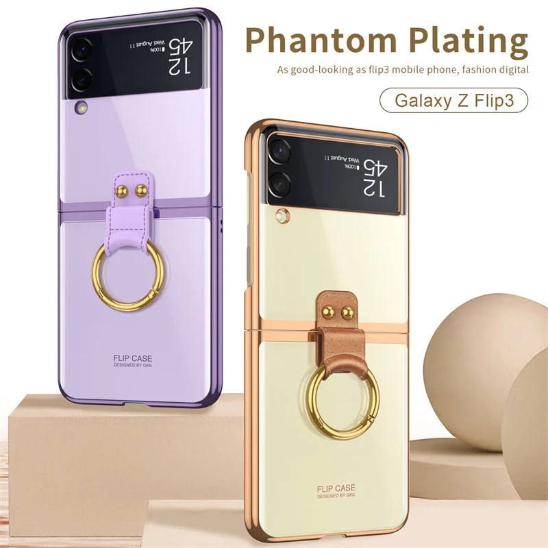 

Роскошный чехол-держатель с кольцом для samsung Galaxy z Flip 3 5g, прозрачный чехол для телефона с гальванической рамкой, жесткий прозрачный чехол-нак...