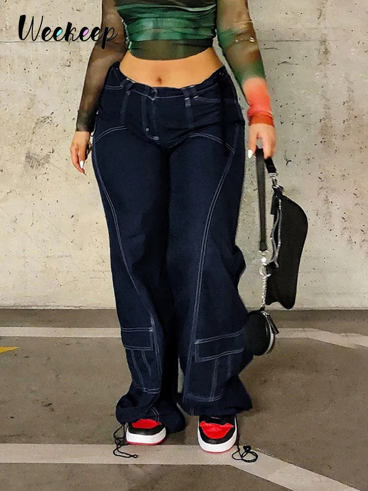 

Weekeep Baggy женские штаны Карго карманы строчки низкой посадки широкие брюки для бега 2022 Летняя мода y2k женская одежда