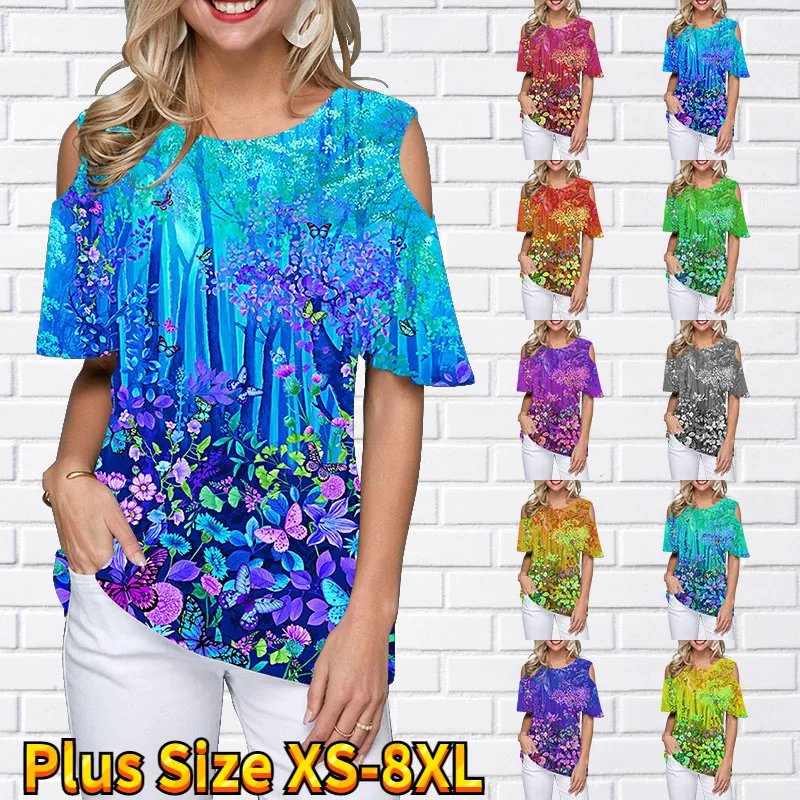 

Women Simple Style Top Round Collar Short Sleeves Summer Ladies Fashion Off-the-shoulder T Shirt Loose Pullover Floral Print Tee