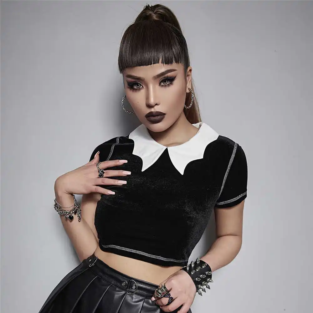 

Blouse Gothic Women Darkness Fashion Street Black And White Contrast Color Bat-neck Short-sleeved Top Women's Summer New 2022