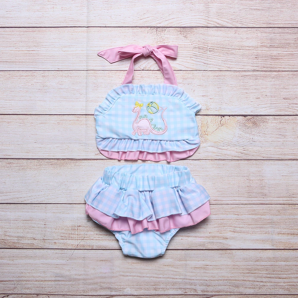 

1-8t Baby Girl Swimsuit Pink Sea Cute Style Sets With Dinosaur Embroidery Suspenders Top+Pants Striped Plaid 2pcs Suits