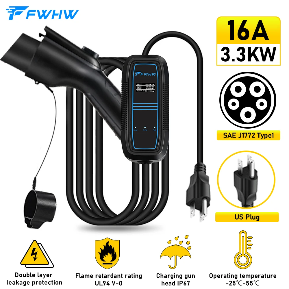 

Портативное зарядное устройство FWHW type 1 для электромобиля, 16 А, уровень 1/Уровень 2, зарядное устройство для электромобилей, совместимое с зар...