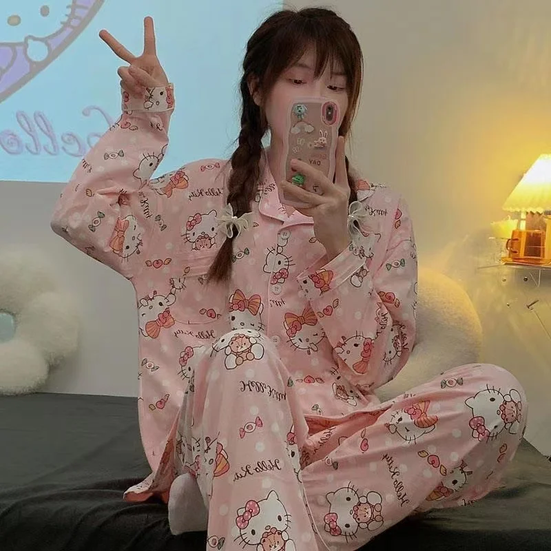

Hello Kitty Pajamas Set Autumn Women's Sanrio Kuromi Anime Y2K Long Sleeve Trousers Kawaii Cartoon Girl Home Tracksuit Two Piece