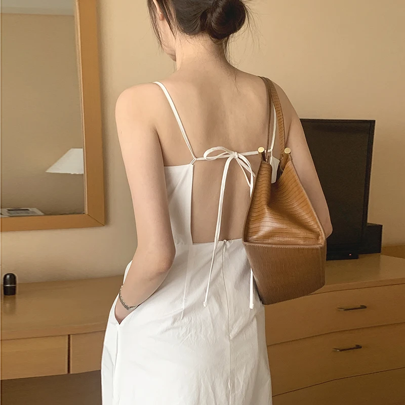 

French Minimalism Slim Sexy High Waist White Square Lace Up Backless Spaghetti Strap Dress Women Vestido Feminino Summer Casual