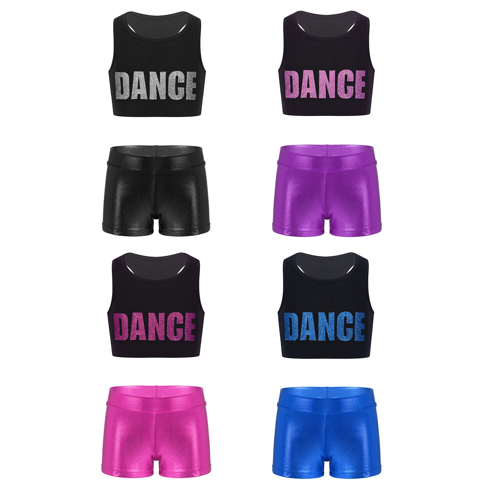 Shiny Girls Dancewear Kids Sleeveless Racer Back Crop Top + Metallic Shorts Children Ballet Gymnastics Outfits for Jazz Hiphop